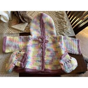 handmade knitted baby girl hooded sweater and booties 18-24mos NEW